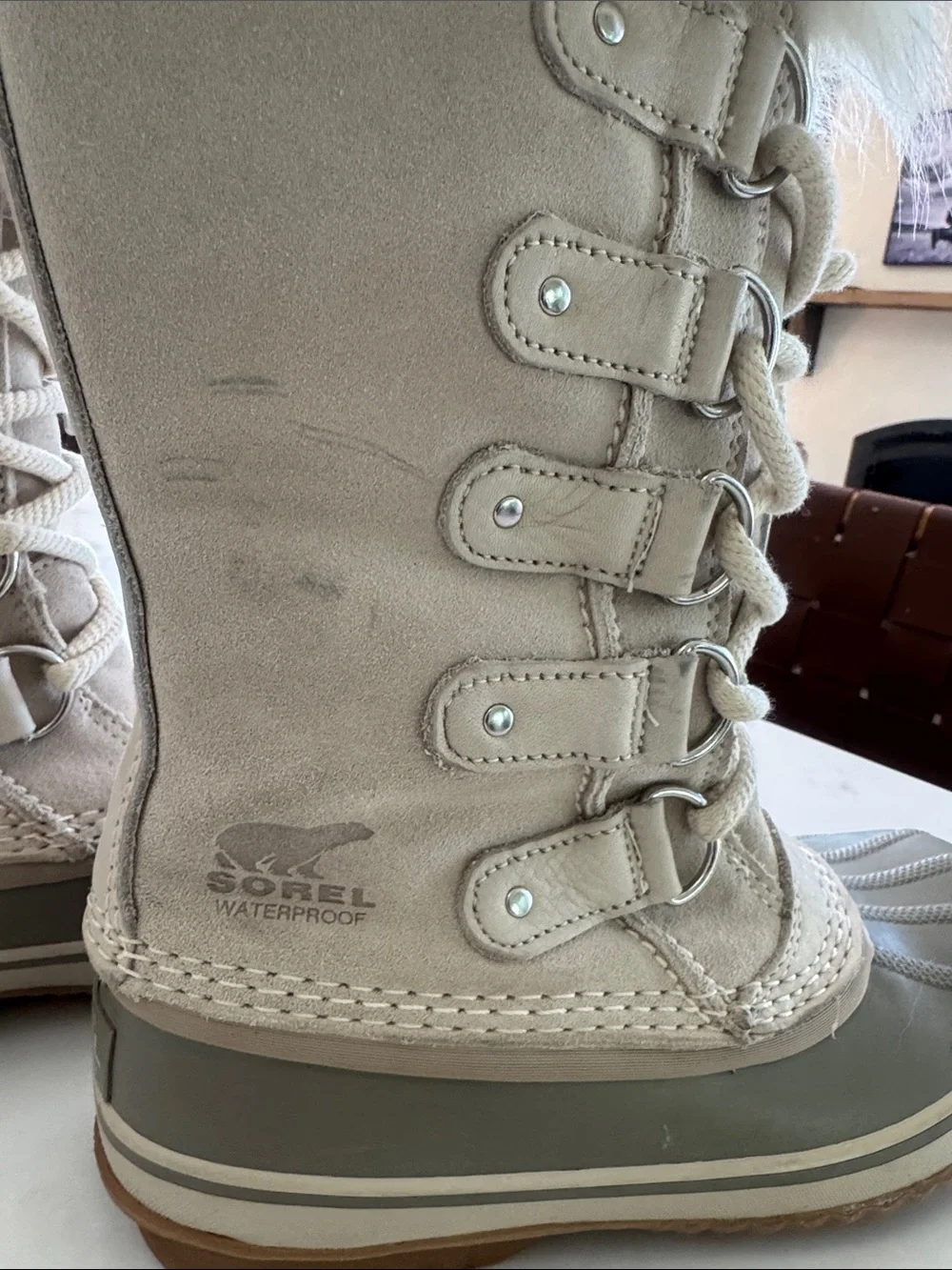 SOREL Joan of Arctic cream suede taupe faux fur waterproof winter snow boots